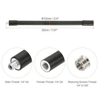 PATIKIL 8" Gooseneck, 1/4"-20 Female to Male Thread Metal Universal Hose Flexible Arm Gooseneck Tube Extension Holder with Reducing Screws for Action Camera, Phone, Microphone, Black - size: 20cm