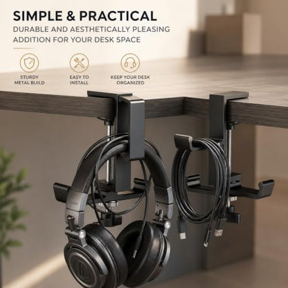 JAKO Headphone Stand for Desk, 3 Hooks Aluminum Alloy Headphone Holder (1 Foldable+2 Fixed) Space Saving Headset Stand Hook, Universal Fit PC Gaming Headsets Holder Desk Clamp for Office/Game Table - color: Black