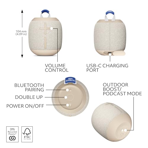 Ultimate Ears WONDERBOOM 4 Portable Waterproof Speaker - Sand | Balanced 360-degree sound and bass, dustproof, floating speaker, 131ft (40m) range - color: Sand