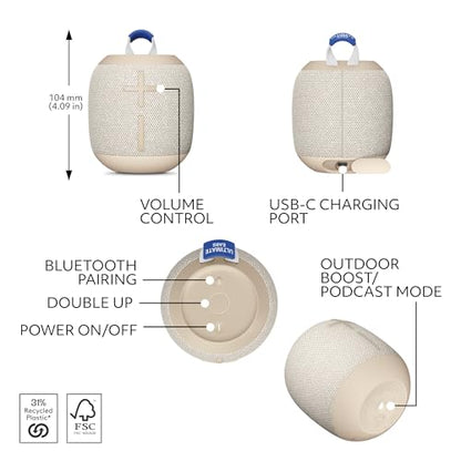 Ultimate Ears WONDERBOOM 4 Portable Waterproof Speaker - Sand | Balanced 360-degree sound and bass, dustproof, floating speaker, 131ft (40m) range - color: Sand