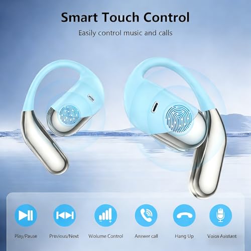 Open Ear Wireless Earbuds Headphones, Bluetooth Built-in Mic,Waterproof, LED Display Charging Case,on Ear Hooks Clip Ear Buds，Ultra-Comfort Earphones Design for Walking/Running/Sport - color: blue‌green721