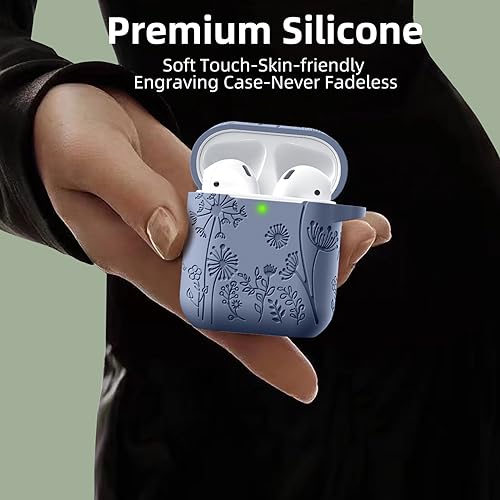 Lerobo for AirPod Case 2nd/1st Generation with Keychain for Women Girl | Flower Engraved Soft Silicone Shockproof Cover for AirPods 2 Case, Wireless Charging, Scratchproof, One-piece Design - color: Blue Gray