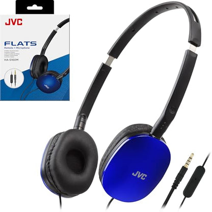 JVC Blue Flat Foldable Colorful Flats On Ear Headphones with Remote and Microphone, 3.94 Foot Gold Plated 3.5mm Slim Plug - HAS160MA, Adjustable - color: Blue, style: Mic and Remote