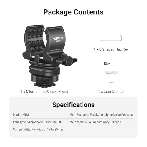 NEEWER Microphone Holder with Cold Shoe Adapter, Noise Reducing Shock Absorbing Mic Mount Accessories with Built in Silicone Pads, for Mics of 0.7" to 1" (19 to 25mm) in Diameter, MH3