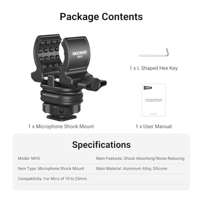 NEEWER Microphone Holder with Cold Shoe Adapter, Noise Reducing Shock Absorbing Mic Mount Accessories with Built in Silicone Pads, for Mics of 0.7" to 1" (19 to 25mm) in Diameter, MH3