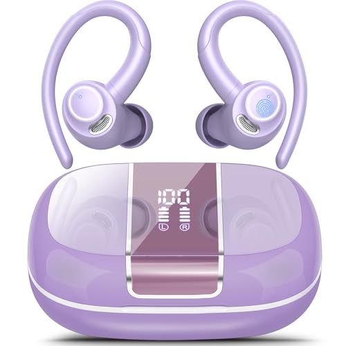 Wireless Sport Earbuds with Earhook, 48Hrs Deep Bass/ENC Mic Ear Bud Purple | Wireless Earphone with LED Display, Bluetooth 5.3 Headphones In Ear, IPX7 Waterproof Over Ear Buds for Running/Workout - color: Purple