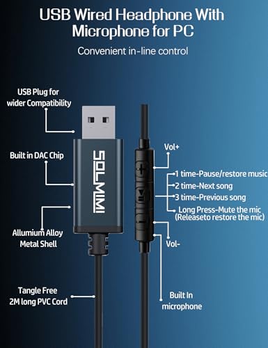 USB Earbuds with Microphone for PC Wired, 2M/6.5ft USB-A Headset Headphone | Mute Function,For PC Computer Laptop PS4 PS5 Notebook Desktop,For Office Zoom meeting online course,Dark Green,Lightweight