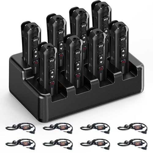 Super Mini Walkie Talkies Pro Two Way Radio with Earpieces, 8 Way Multi Unit Charger, Rechargeable Portable Communication Set for Restaurants, Hotels, Supermarkets, Team Events, Baseball, 8 Pack