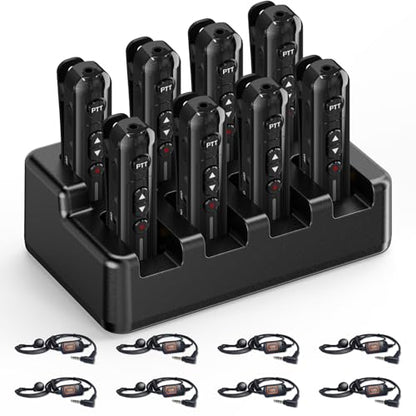 Super Mini Walkie Talkies Pro Two Way Radio with Earpieces, 8 Way Multi Unit Charger, Rechargeable Portable Communication Set for Restaurants, Hotels, Supermarkets, Team Events, Baseball, 8 Pack
