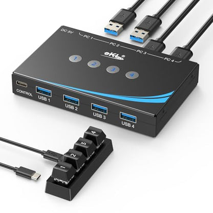 eKL USB 3.0 Switch 4 Computers Sharing USB Peripherals, 4 Port USB Switcher Sharing Mouse Keyboard Scanner Printer, with 3.5mm Headset Jack Audio Out, Includes 4 USB 3.0 Cables and Remote - size: USB3.0 4 in 4 out with desktop controller