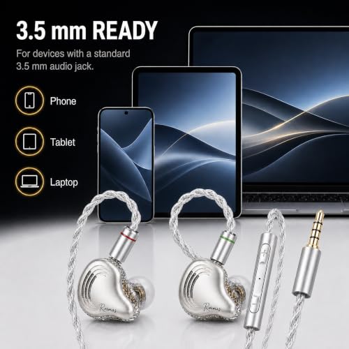 Rosmas Wired Earbuds with Mic, HiFi IEM Earphones SM10 Pro 5-Driver Hybrid in-Ear Monitors, 4BA+1DD Hybrid Driver System, Detachable 2-Pin Cable, 3.5mm Gaming Earphones for Music, Calls and PC - color: silver&3.5mm