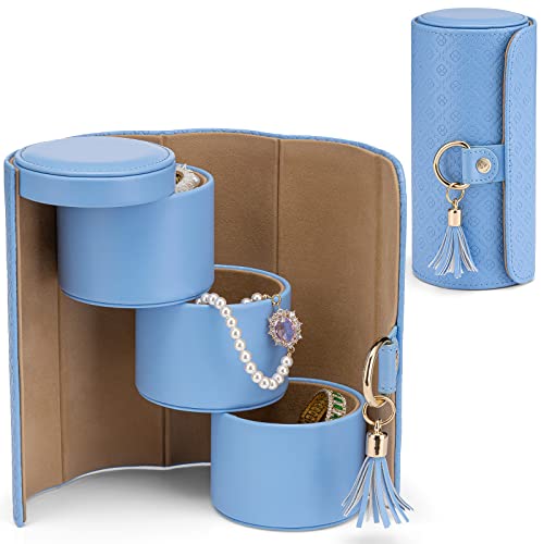 VLANDO Travel Jewelry Organizer, 3 Tier Roll Up Design, Hard Shell Storage | Stepped Sections Compartments Keep Jewelry Visible, Soft Lining Protect Pieces, Snap Closure, Travel Gift for Women Girl - color: Blue