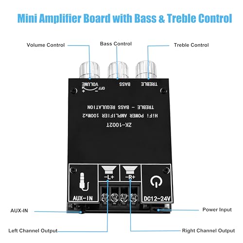 ZK-1002T 100W+100W Bluetooth Amplifier Board with Treble and Bass Control, 2.0 Channel Stereo Audio Mini Power Amplifier Board, TPA3116D2 Chip DC 9-24V, BT and AUX Inputs for DIY Wireless Speakers - size: Small