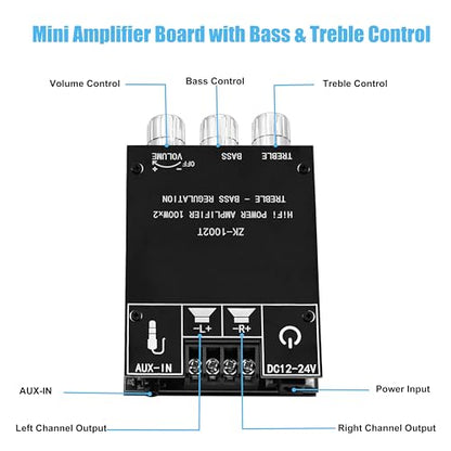 ZK-1002T 100W+100W Bluetooth Amplifier Board with Treble and Bass Control, 2.0 Channel Stereo Audio Mini Power Amplifier Board, TPA3116D2 Chip DC 9-24V, BT and AUX Inputs for DIY Wireless Speakers - size: Small