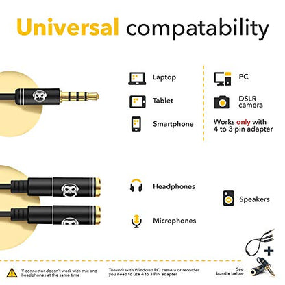 PowerDeWise Y Splitter - Mic and Mic - TRRS Audio Signal Splitter Cable for Lavalier Microphone