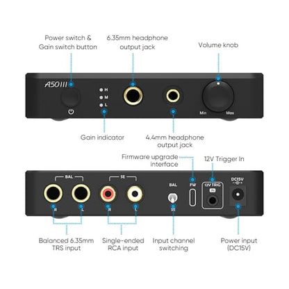 Topping A50 III NFCA Headphone Amplifier, 3500mW x 3500mW Home Audio Headphone Amp, RCA/TRS to 4.4mm/6.35mm Earphone Output with 3 Gain Settings 12V Trigger for IEM, Silver - color: Silver
