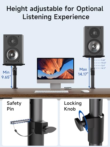 suptek Clamp-on Speaker Stand Desk Mount Set, Height Adjustment, Swivel, 9.6 x 8.8 inch Trays, Universal Audio Holders for Bookshelf Speakers, Elevated Sound, Against the Wall, 2 Pack, Black, SDM001K - color: Black, size: Speaker Stands Against the Wall