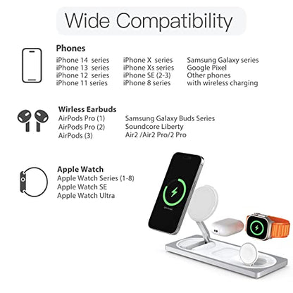 3 in 1 Wireless Charging Station for Apple Devices with MagSafe | For iPhone 17/Air/16/15/14/13/12, AirPods & Apple Watch, Foldable Portable Aluminum Charging Stand, Adapter Included - color: Silver