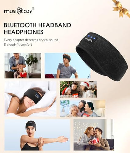 MUSICOZY Bluetooth 5.4 Sleep Headphones Headband Sports Wireless Audio | Earbuds 2 in 1 Design with Breathable Stretch Fabric, HD Stereo Sound Speakers for Workout Yoga Running, Nighttime Sleep Use - color: Double-sided Black