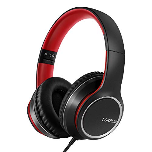 LORELEI X8 Over-Ear Wired Headphones with Microphone with 1.45m-Tangle-Free Nylon Line&3.5mm Plug,Lightweight Foldable & Portable Headphones for Smartphone,Tablet,Computer,Mp3/4(Black-red) - color: Black-red