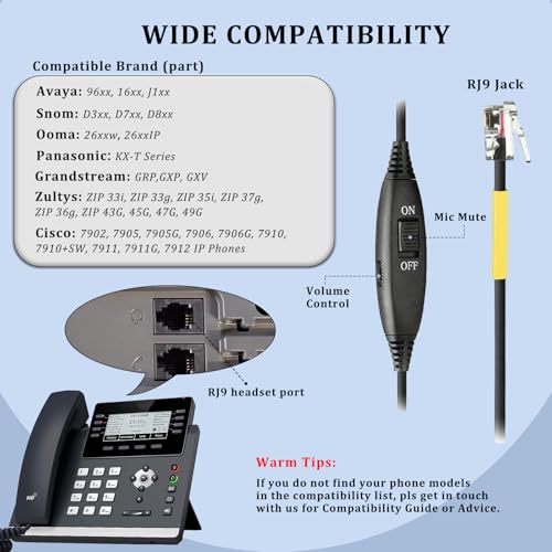 Callez Mono RJ9 Phone Headset with Noise Cancelling Mic for Avaya 1608 1616 | Telephone Headset, Volume Controls, Phone Headphone Work for Grandstream GXP2135 2170 Panasonic Ooma Office Landline Phones - color: Black