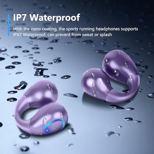 Ultra Open Ear Headphones Bluetooth 5.3 Wireless Bone Conduction Clip On Earbuds with Digital Display Charging Case 60 Hours Playtime Sport Earphones IPX7 Waterproof for Running Fitness Purple