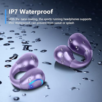 Ultra Open Ear Headphones Bluetooth 5.3 Wireless Bone Conduction Clip On Earbuds with Digital Display Charging Case 60 Hours Playtime Sport Earphones IPX7 Waterproof for Running Fitness Purple