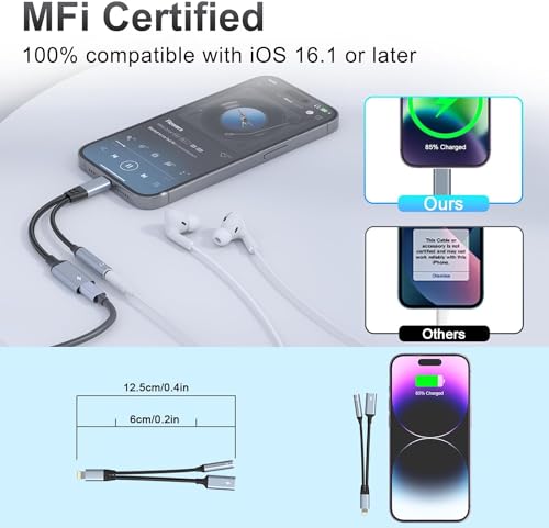 Lightning to 3.5mm Headphone Jack Adapter 【Apple MFi Certified】 2 in 1 iPhone Aux Audio & Charge Adapter, Phone Headphone Adapter Support Music+Charge+Mic+Control Compatible with iPhone 14 13 12 11