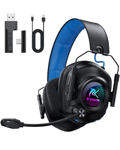 Krysenix Wireless Gaming Headset with Noise Canceling Microphone - Blue | For PC, PS5, PS4, Switch, Mac, 2.4 GHz Wireless & Bluetooth 5.4 Gaming Headphones,RGB Lighting,1200 mAh Battery,50mm Drivers - color: Blue