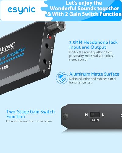 eSynic Rechargeable 16-150Ω Headphone AMP Poratble-3.5MM Audio in & Out | Metal Case Headphone Amplifier with Volume Control-2-Stage Gain Switch Function- 12h Playtime-For Car/MP3&4/Phone/PC/Laptop