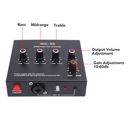Balanced Microphone Preamp, 48V Power Mic Gain Booster with XLR/6.35mm/3.5mm Input Output for Dynamic and Condenser Mic, 60dB Gain, Low Noise, for Vocal Recording Podcast L