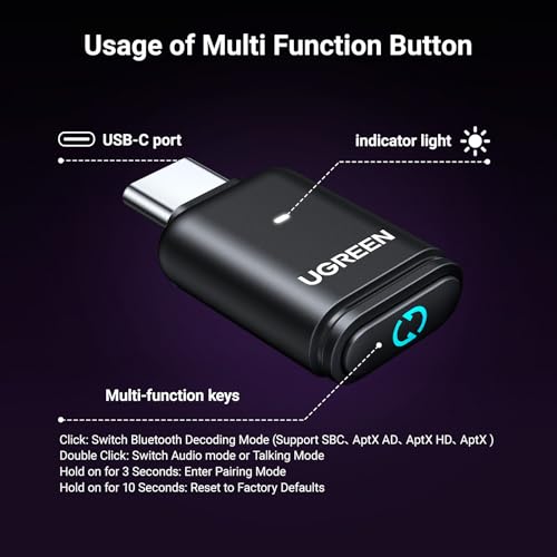 UGREEN USB-C Bluetooth Adapter for PS5 with APTX Low Latency/aptX-Adaptive | Bluetooth 5.3 Audio Adapter, Wireless Audio Transmitter to Connect Wireless Headphones/Earbuds