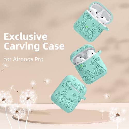 Lerobo for AirPod Case, Compatible with AirPods Case 2nd Generation | Engraved Flower Soft Silicone Cover with Keychain for AirPods 2/1, Wireless Charging, Scratchproof, One-piece Design - color: Mint Green