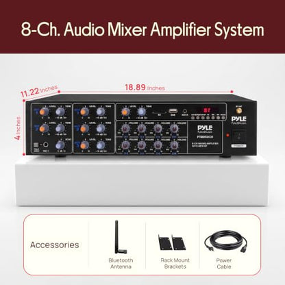 Pyle 8-Channel Wireless Bluetooth Power Amplifier - 4000W Rack Mount Multi Zone Sound Mixer Audio Home Stereo Receiver Box System w/ RCA, USB, AUX - For Speaker, PA, Theater, Studio/Stage - PT8050CH