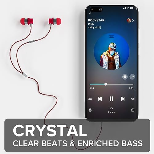 COBY Noise Isolating Metal Wired Earbuds| Wired Headphones w/Tangle Free Braided Wire |Built-in Microphone for Ear Buds| Noise Canceling Headphones w/ 3.5mm AUX| S/M/L Comfort Ear Gels| Red - color: Red