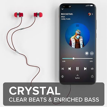 COBY Noise Isolating Metal Wired Earbuds| Wired Headphones w/Tangle Free Braided Wire |Built-in Microphone for Ear Buds| Noise Canceling Headphones w/ 3.5mm AUX| S/M/L Comfort Ear Gels| Red - color: Red