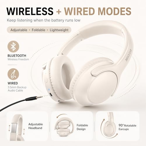 Bluetooth Headphones Wireless 68H with Mic,Decent Sound-Acceptable Milk | Adjustable Headband Foldable Over-Ear Lightweight for Office/Travel/Tablet/iPad/Laptop,HD Stereo Sound,Aux 3.5mm,White - color: Milk White