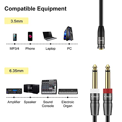 J&D 3.5mm TRS to Dual 1/4 in TS Cable, Heavy Duty 3.5 mm to 2 x 6.35 mm Cable 3.5 mm 1/8 Female to 1/4 Male Cord for Mixer Guitar Piano Amplifier Speaker, 6 Feet (Pack of 2) - size: 6 Feet (Pack of 2)