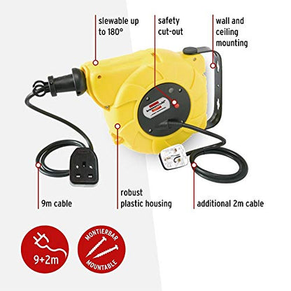 Brennenstuhl Automatic Cable Reel for Wall or Ceiling Mounting (9+2 m Retractable Cable, Robust Plastic Casing, Electrical Rewind, Slewable Up to 180°)