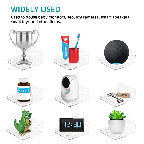 Wall Mount Floating Shelves for 2 Pcs Security Baby Camera Shelf Mini Speaker Other Small Items in Bedroom Bathroom Kitchen Living Room Clear Mini Shelf Flexible Use for Wall Space(S+L) - size: Small+Large Clear