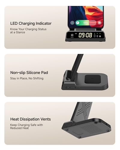 3 in 1 Wireless Charger for Samsung Galaxy S26 Ultra, Galaxy Watch 8, Buds | Dimmable LED clock, Dual-angle charging stand, Case-friendly, Compact & space-saving, Multi-protection, Charging indicator - color: Black