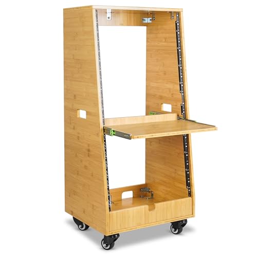 Sound Town DIY Solid Carbonized Bamboo Slanted 20U Studio Rack (12U Top + 8U Lower), with 2U Bottom Storage, Slide-Out Tray, Caster, For Recording Room, Home Studio (STBR-ST20T) - size: 20U(12U Top + 8U Lower),Carbonized Bamboo