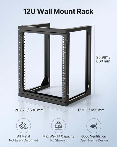 VEVOR 12U Open Frame Server Rack, Free Standing or Wall Mount Rack with 180 Degrees Gate Swing, Network Rack for 19" IT Equipment & A/V Devices - size: 12U Wall Rack