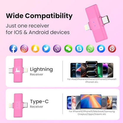 Pink Wireless Lavalier Microphone for iPhone, Noise Cancelling - color: Pink, style: A3 (2TX+1RX)