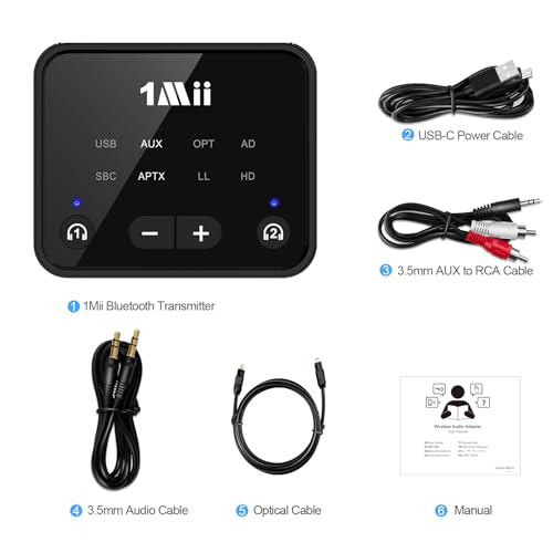 1Mii Bluetooth 5.3 Transmitter for TV to 2 Wireless Headphones/Speakers | aptX Adaptive/HD, Optical/AUX/RCA Audio Inputs with Volume Control, 100FT Long Range Bluetooth Adapter for Television