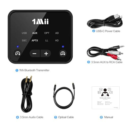 1Mii Bluetooth 5.3 Transmitter for TV to 2 Wireless Headphones/Speakers | aptX Adaptive/HD, Optical/AUX/RCA Audio Inputs with Volume Control, 100FT Long Range Bluetooth Adapter for Television