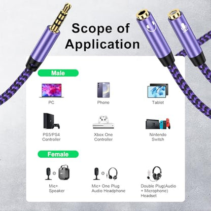 Headphone Splitter Cable 3.5mm Male to 3.5mm Female Audio Jack Adapter | Headphone&3.5mm Microphone Stereo Y Splitters Adapter HiFi Sound Aux Extension Cable for Earphone Phone PS5 PS4 Switch Tablet - color: purple