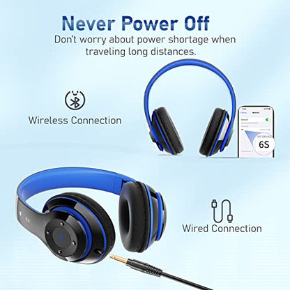 Bluetooth Headphones Over Ear, 6S Foldable Wireless Headphones with 6 EQ Modes, 40 Hours Playtime HiFi Stereo Headset with Mic, Soft Ear Pads, TF/FM for Cellphone/PC/Home (Black & Blue) - color: Black & Blue