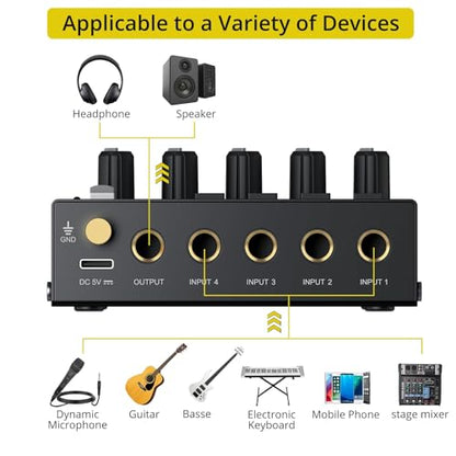 PROZOR Mini Audio Mixer 4 Channel Line Mixer - USB-C Powered Sub Mixer | with Volume Control & Stereo Mono Switch, Compact Low Noise Audio Mixer for Guitar, Bass, Keyboard, Recording, Streaming