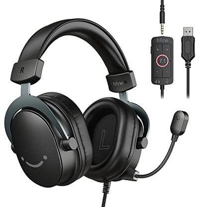 FIFINE H9 Wired Gaming Headset with Microphone, 3.5mm and USB Connectivity | 50mm Drivers, 7.1 Surround Sound, Lightweight, Soft Ear Cusion, Detachable Boom Mic, USB Control Box, for PC, Xbox, PS4/5 - color: Black